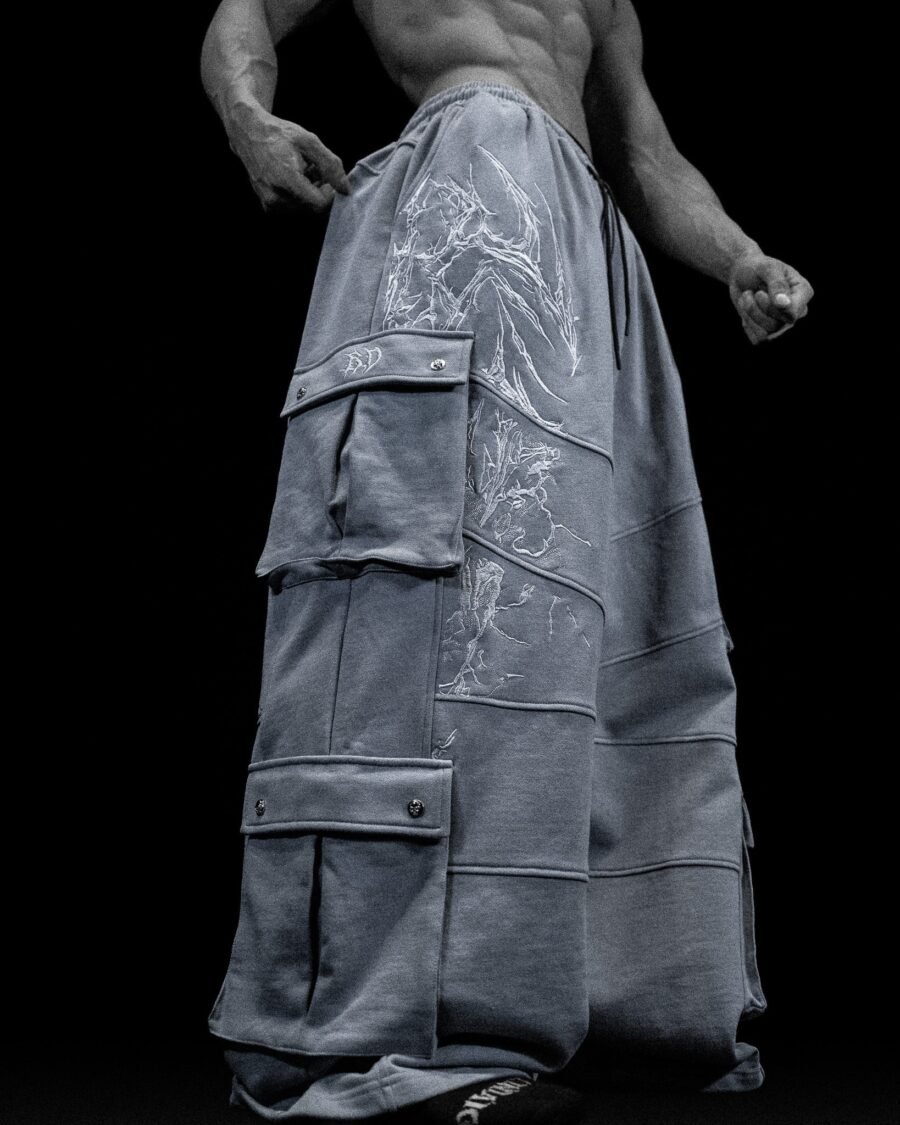 937 Embroidered Tactical Oversized Uncuffed Cargos [Gun Metal Agosto] | BREATHEDIVINITY