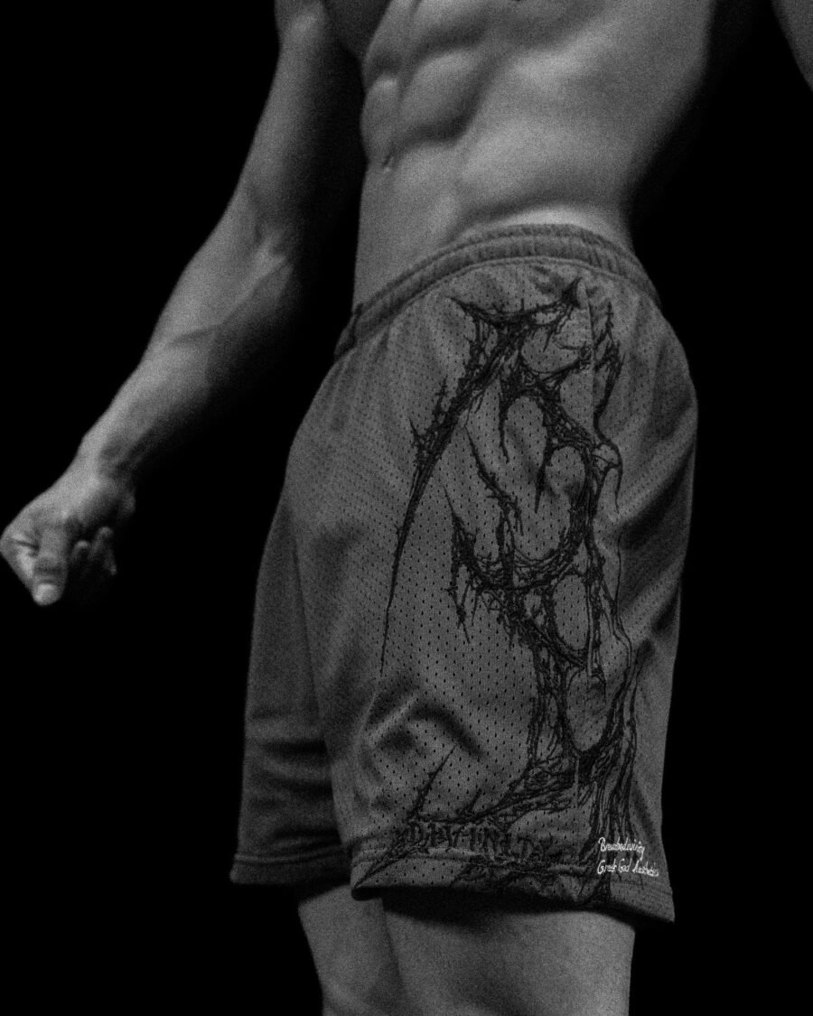Eclipse Embroidery Bodybuilding Mesh Shorts [Purgatory Grey Agosto] | BREATHEDIVINITY