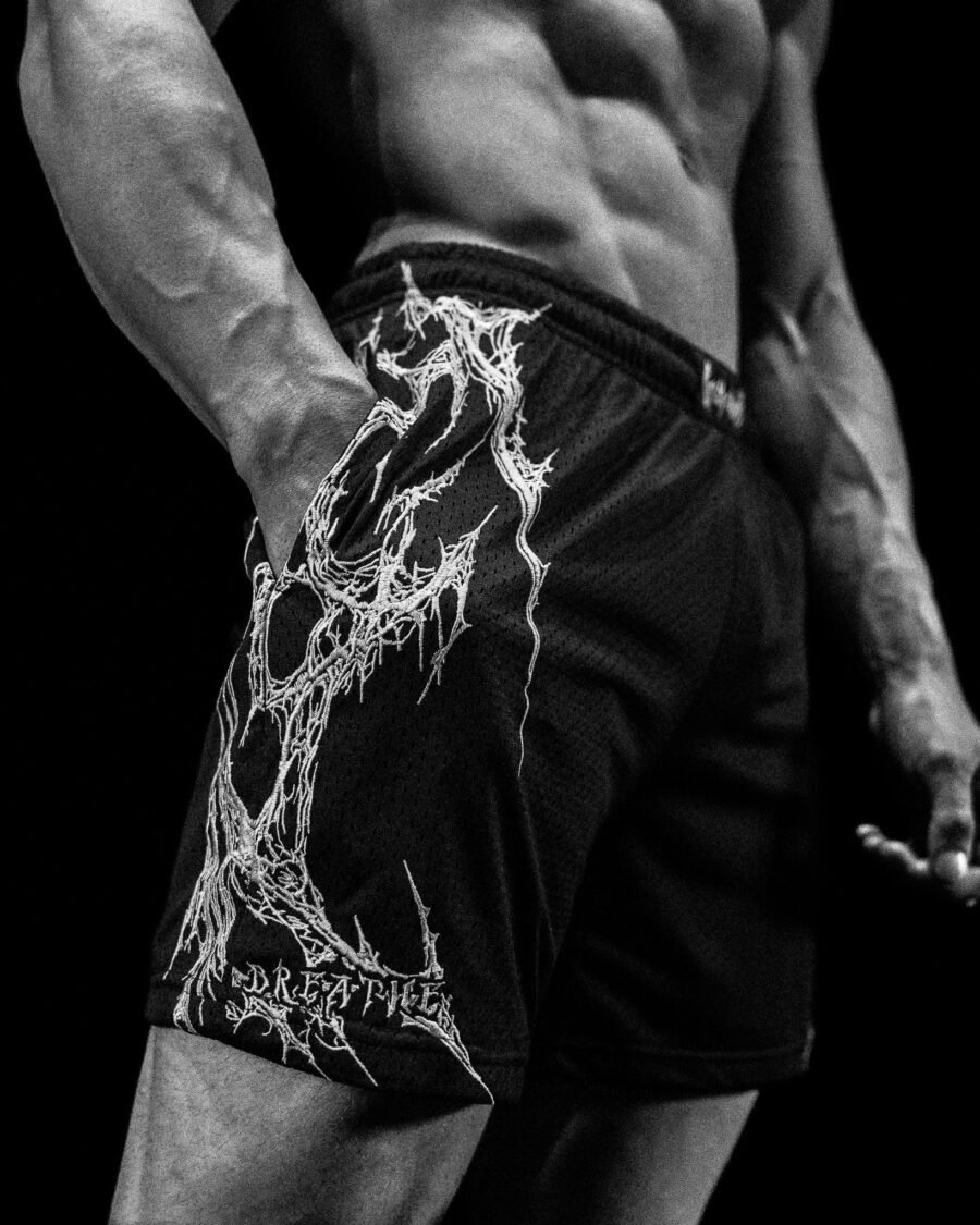 Eclipse Embroidery Bodybuilding Mesh Shorts [Void Black Agosto ] | BREATHEDIVINITY