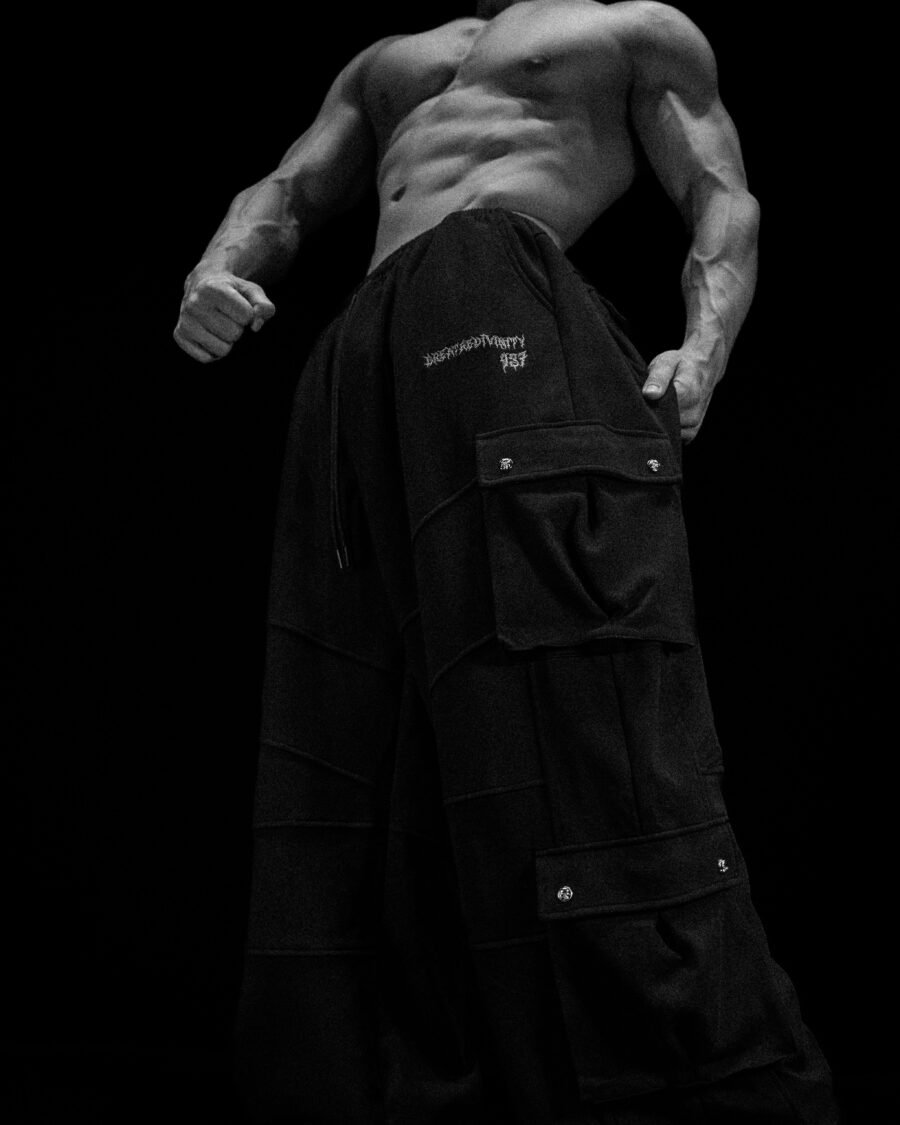 937 Embroidered Tactical Oversized Uncuffed Cargos [Void Black Agosto] | BREATHEDIVINITY